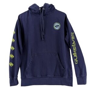 Quiksilver Hoodie Mens Small Blue Pullover Fleece Logo Surf Graphic Sweatshirt